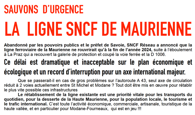 Lire la suite à propos de l’article SAUVONS D’URGENCE LA LIGNE SNCF DE MAURIENNE (màj du 5 février)
