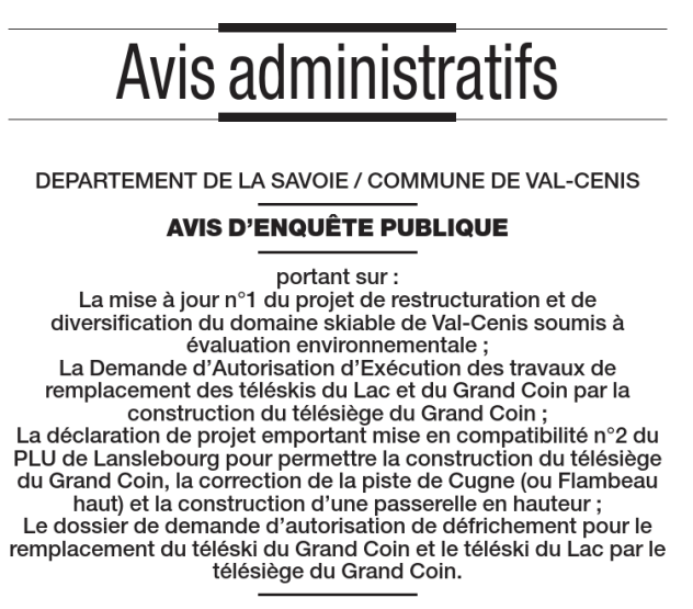 Lire la suite à propos de l’article Avis d’Enquête Publique – commune de Val Cenis