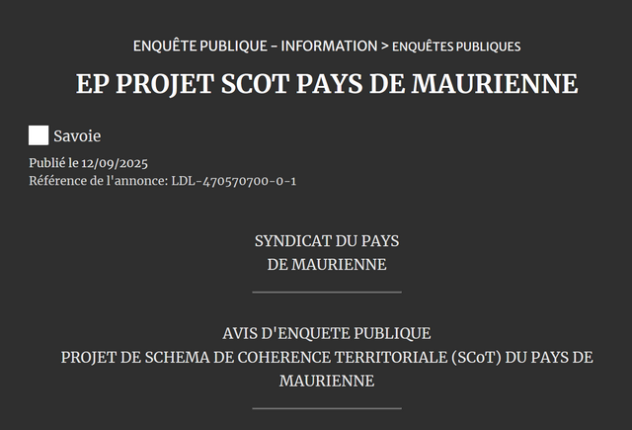 Lire la suite à propos de l’article Enquête publique PROJET SCOT PAYS DE MAURIENNE