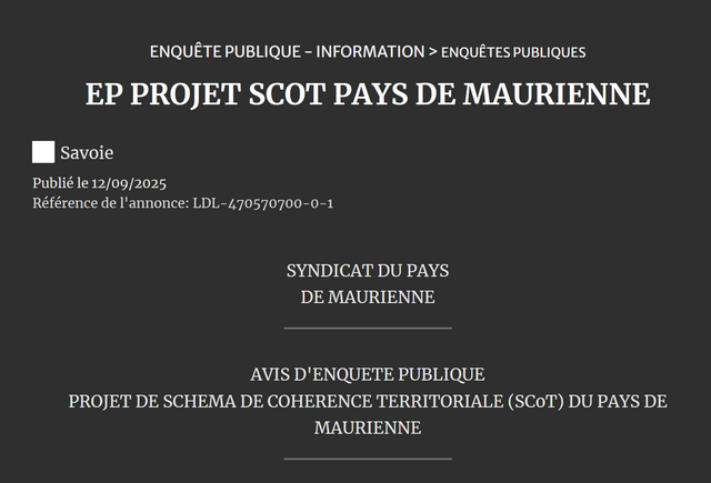 Lire la suite à propos de l’article Enquête publique PROJET SCOT PAYS DE MAURIENNE