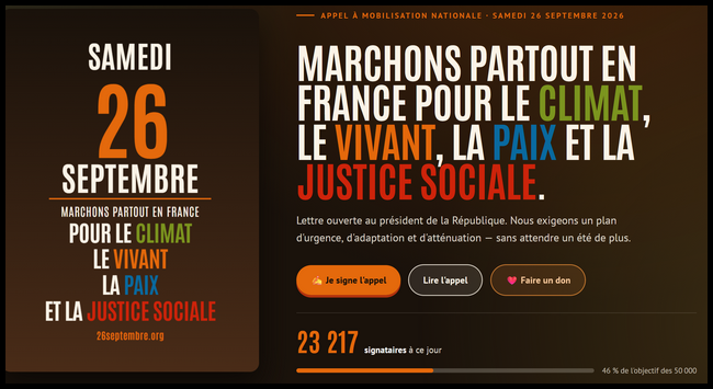 Lire la suite à propos de l’article Marchons partout en France le 28 septembre, pour le climat, le vivant, la paix et la justice sociale